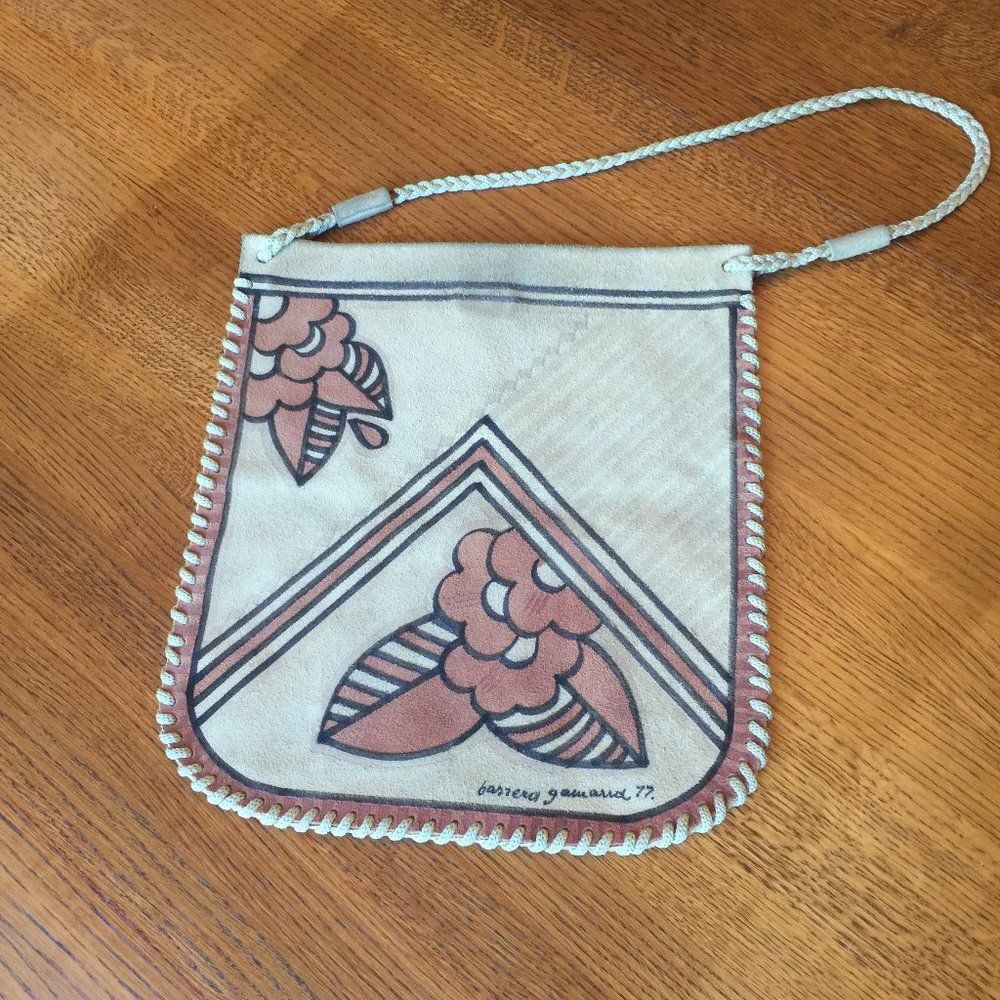 Suede Purse Painted Artist Signed Tan Envelope Shoulder Bag 1977 Gamarro